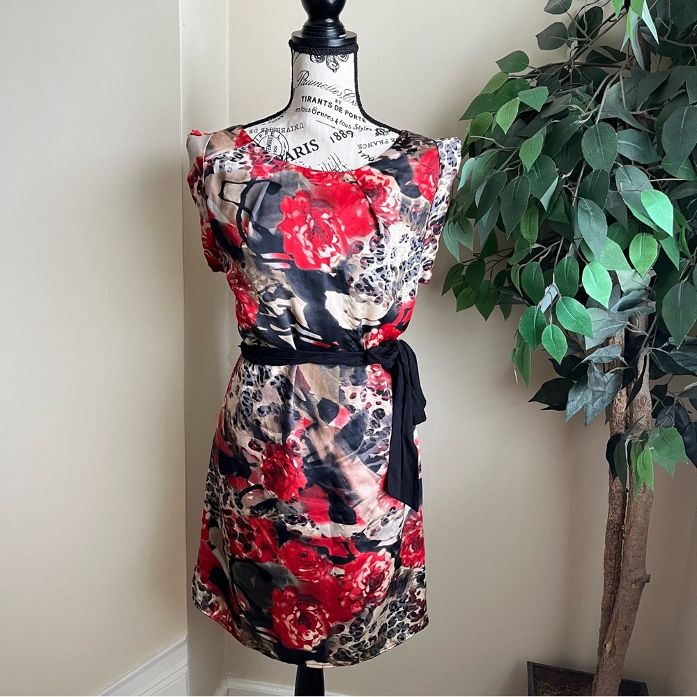 My Story Floral & Animal Print Satin Dress Red Sz S